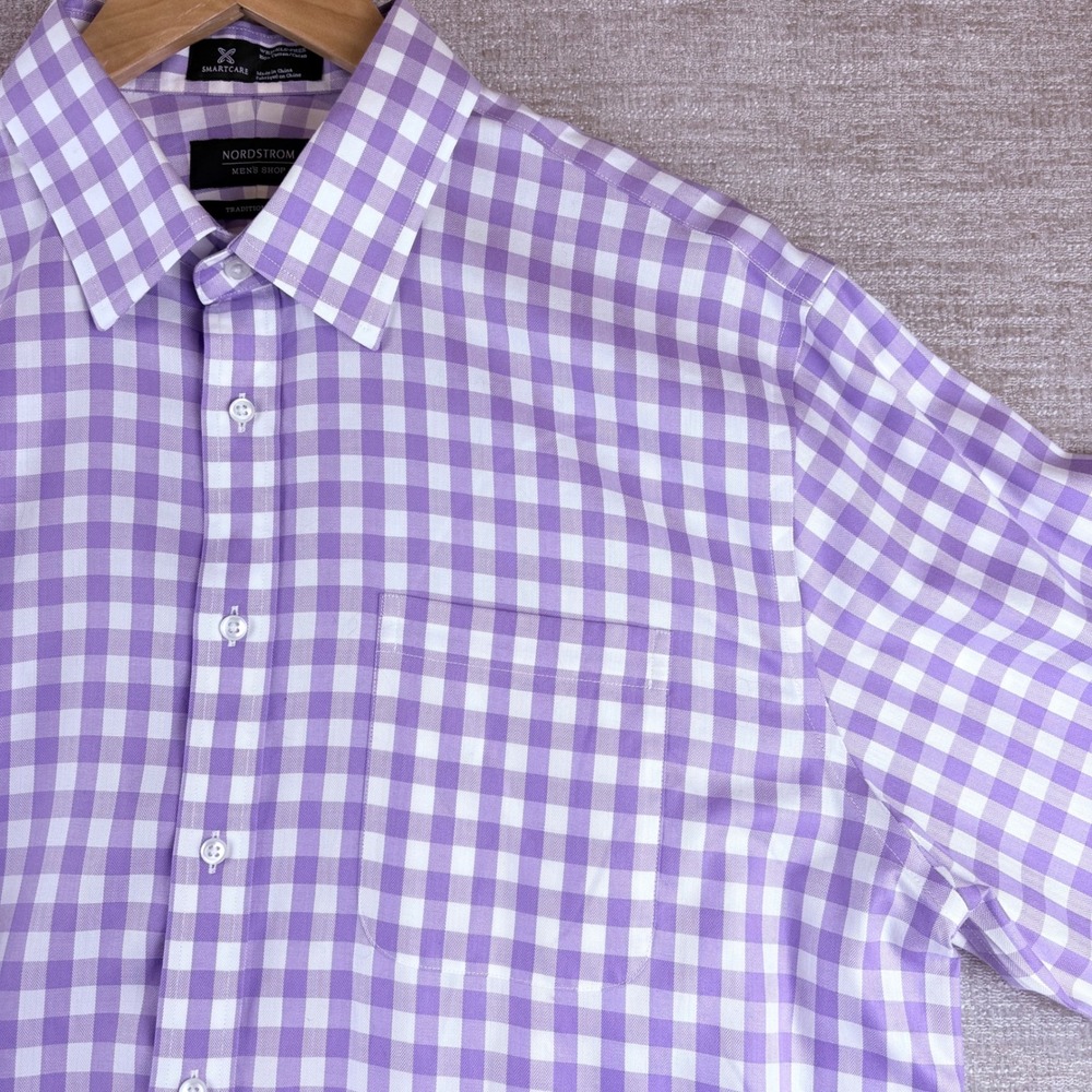 Nordstrom Mens Shop Smartcare Purple Gingham Button Down Shirt Traditional Fit L